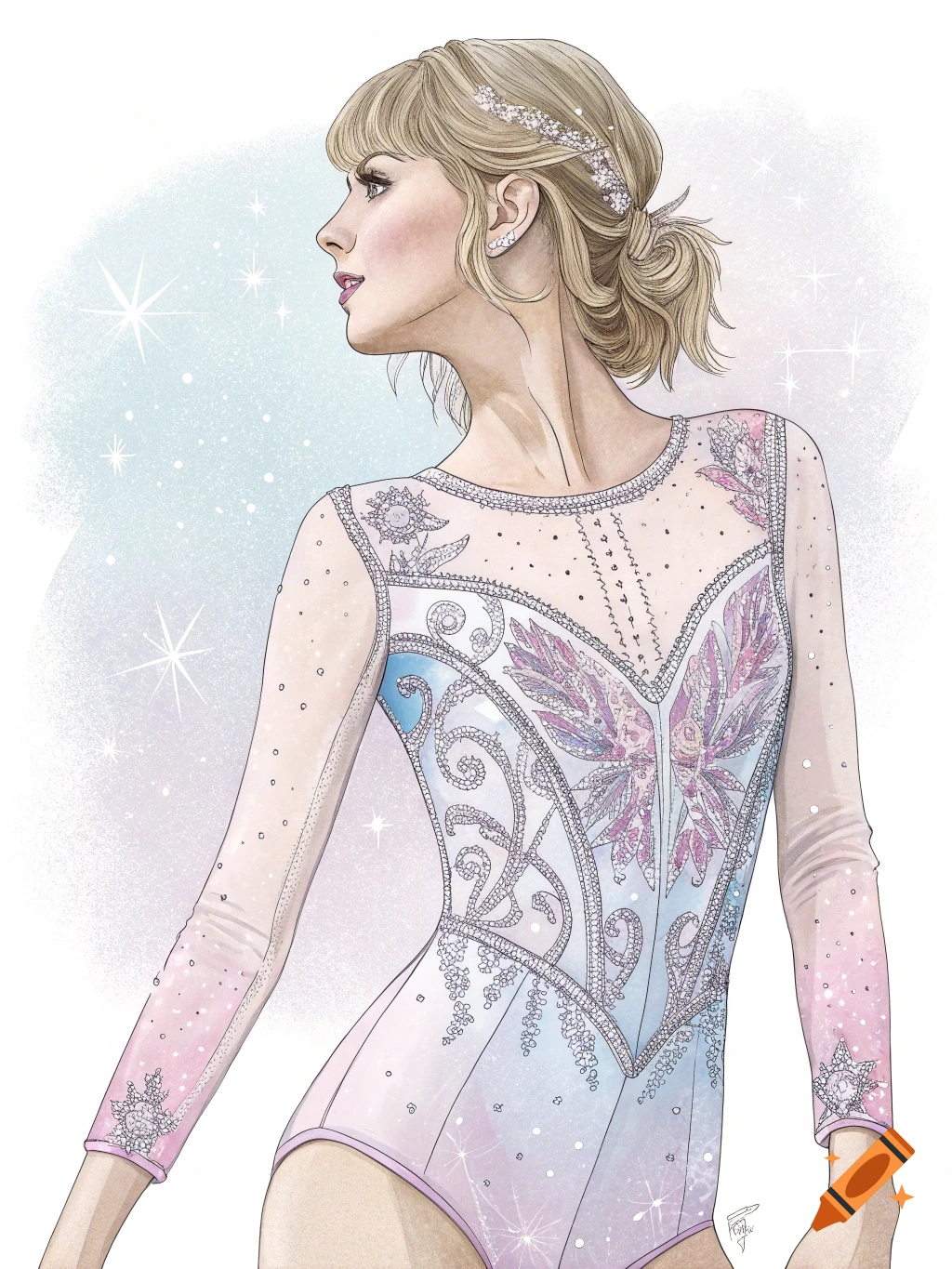 Illustration of Taylor Swift in a sparkly pastel bodysuit, looking to the side.