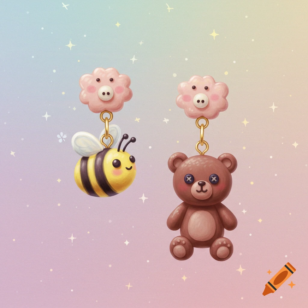 Two cute dangling polymer clay earrings, one of a bee and one of a bear, against a pastel, starry background.