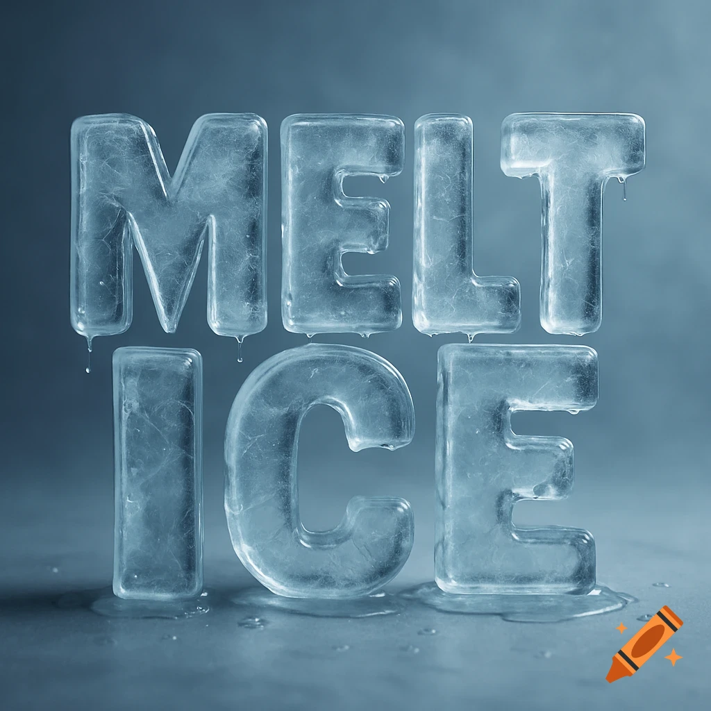 Photorealistic 3D render of the words 'MELT ICE' sculpted from translucent, melting ice letters with water droplets and pooling at the base.