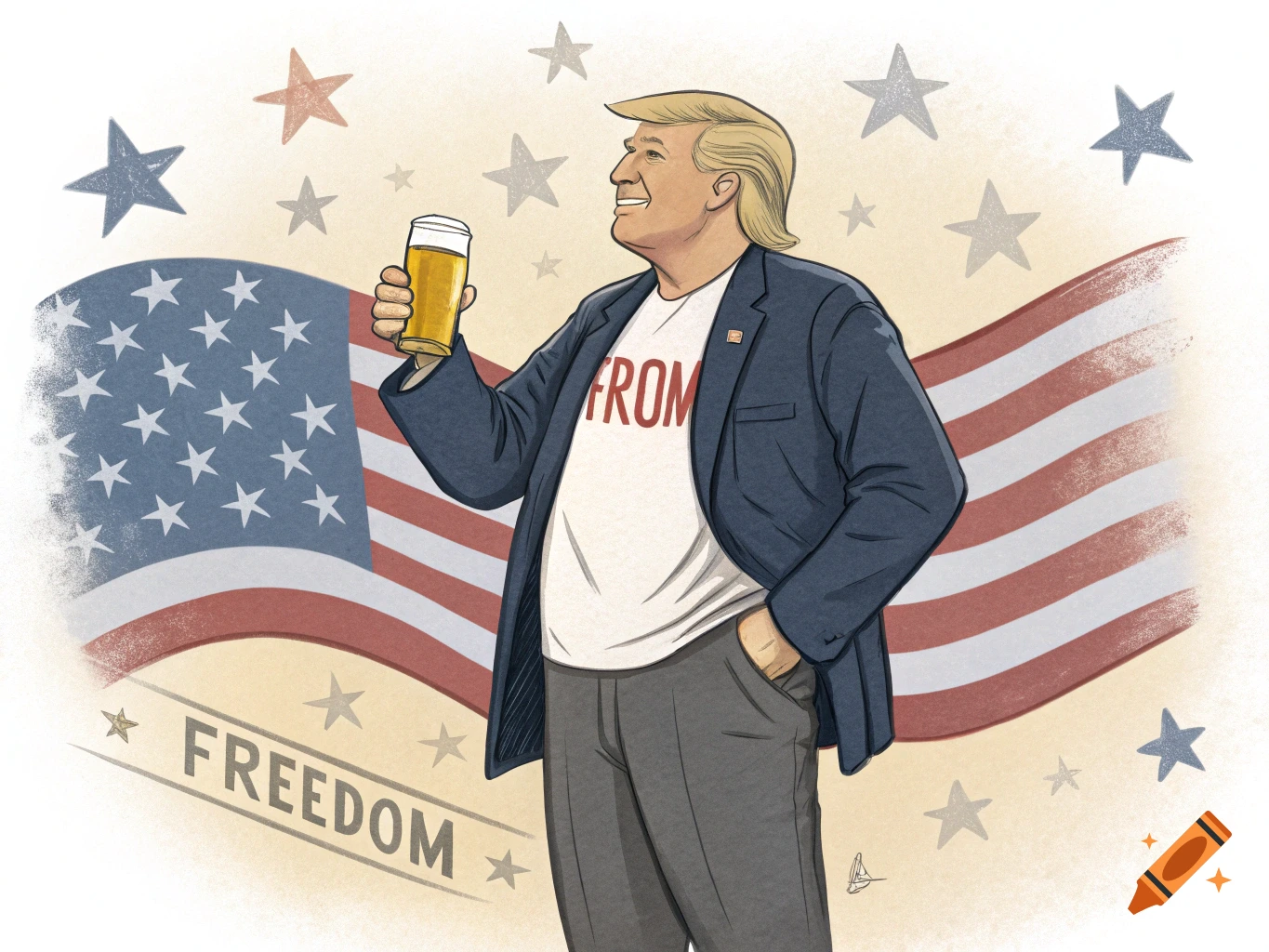 Cartoon illustration of Donald Trump holding a beer glass, standing in front of an American flag with stars. The word "FREEDOM" is visible at the bottom.
