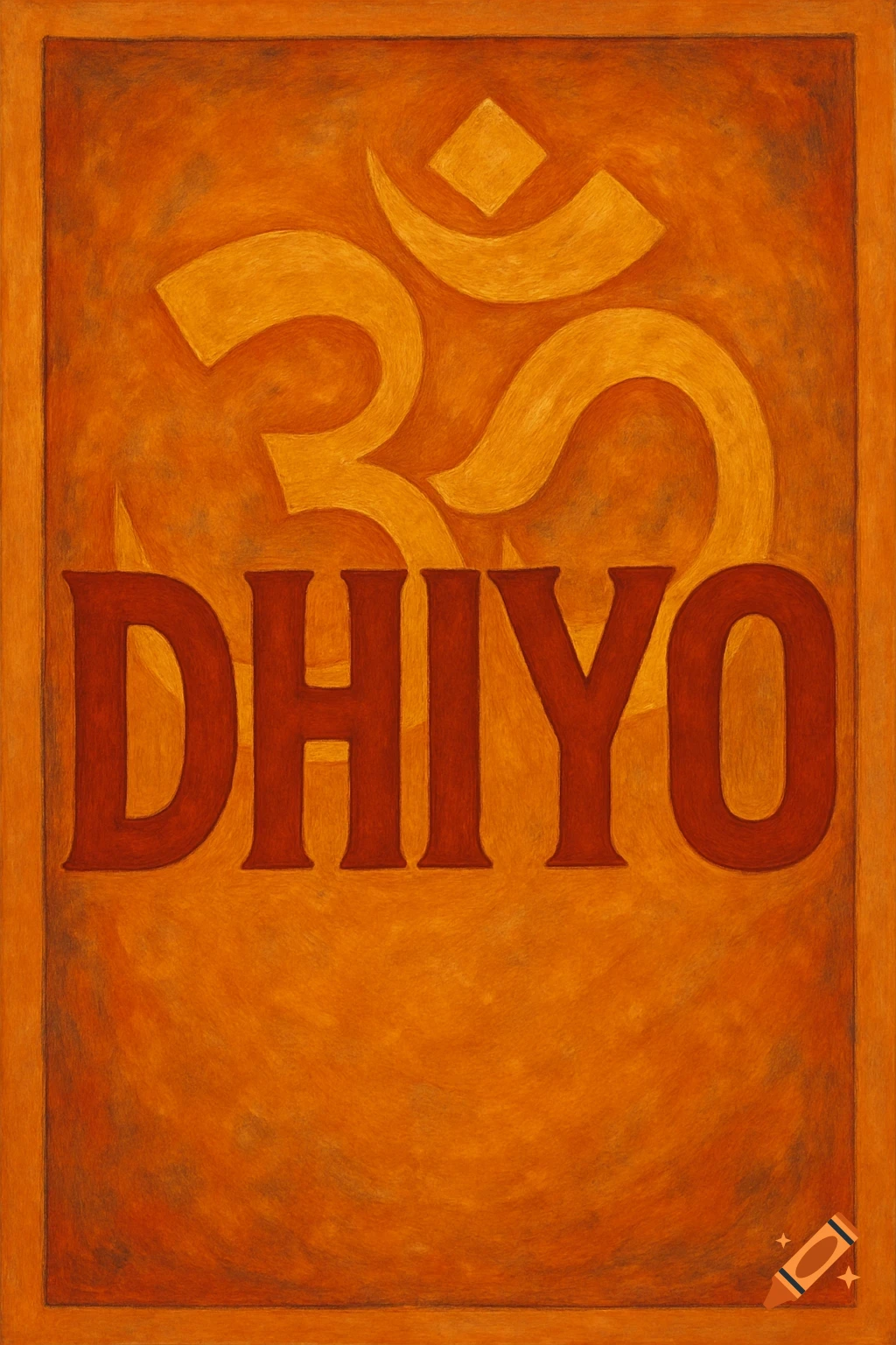 A textured orange poster with a golden Hindu Om symbol above the red block letters 'DHIYO'.