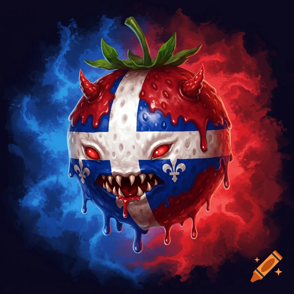 A monstrous strawberry with red horns, sharp teeth, and glowing red eyes, patterned like the Quebec flag, with red liquid dripping, set against a smoky blue and red background.