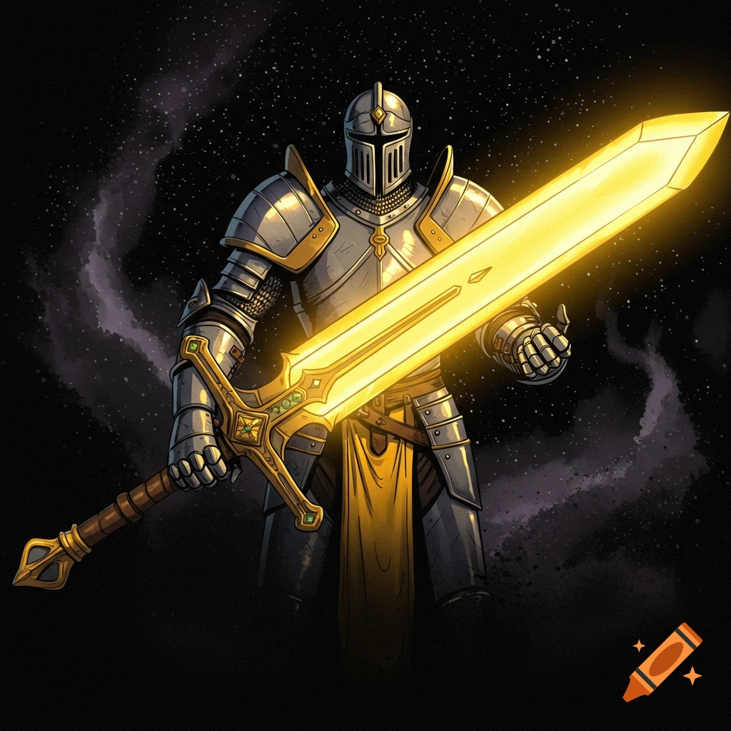 A knight in full armor holds a glowing golden sword against a starry cosmic background.