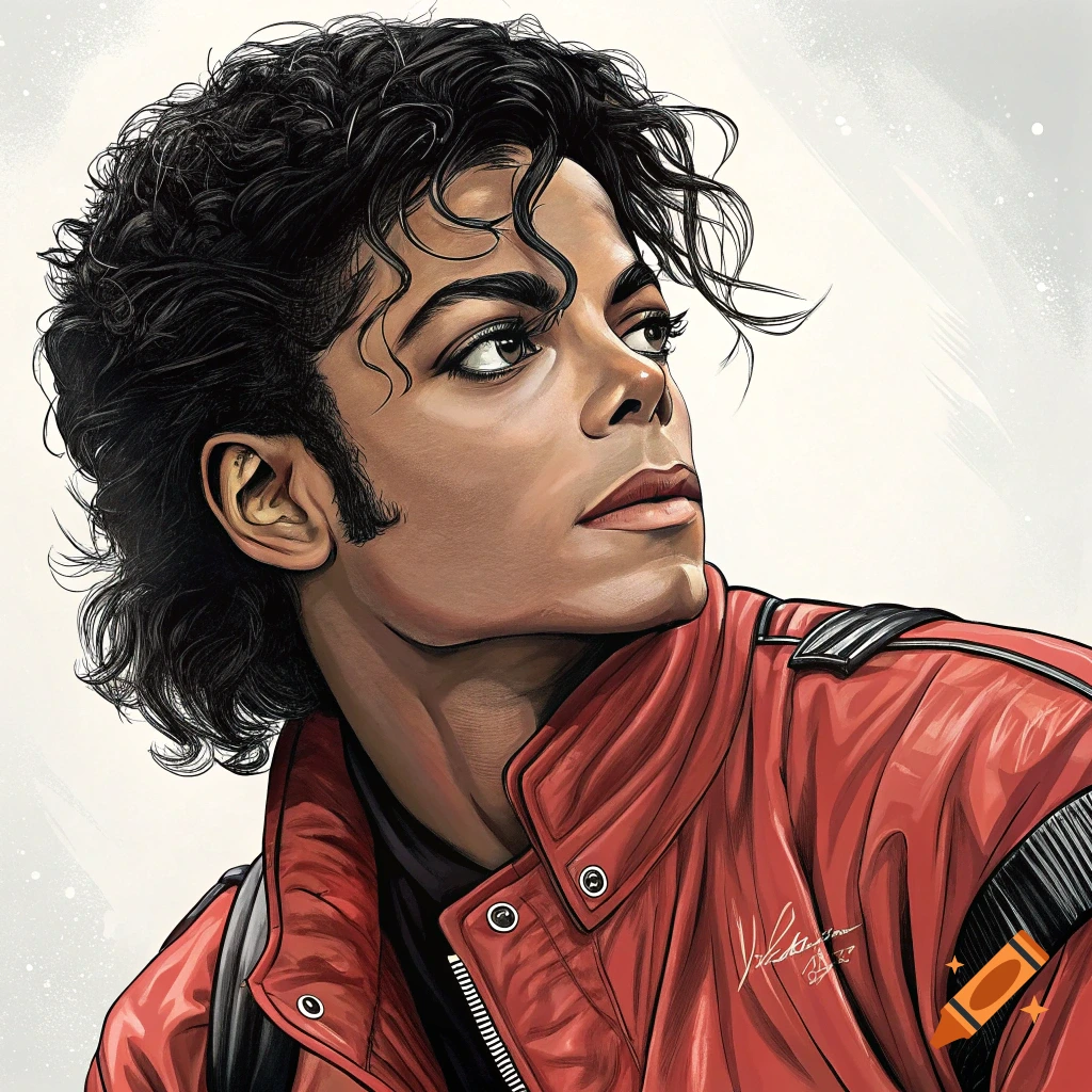 A stylized portrait of Michael Jackson in a red jacket, looking up and to the right, in a digital illustration style.