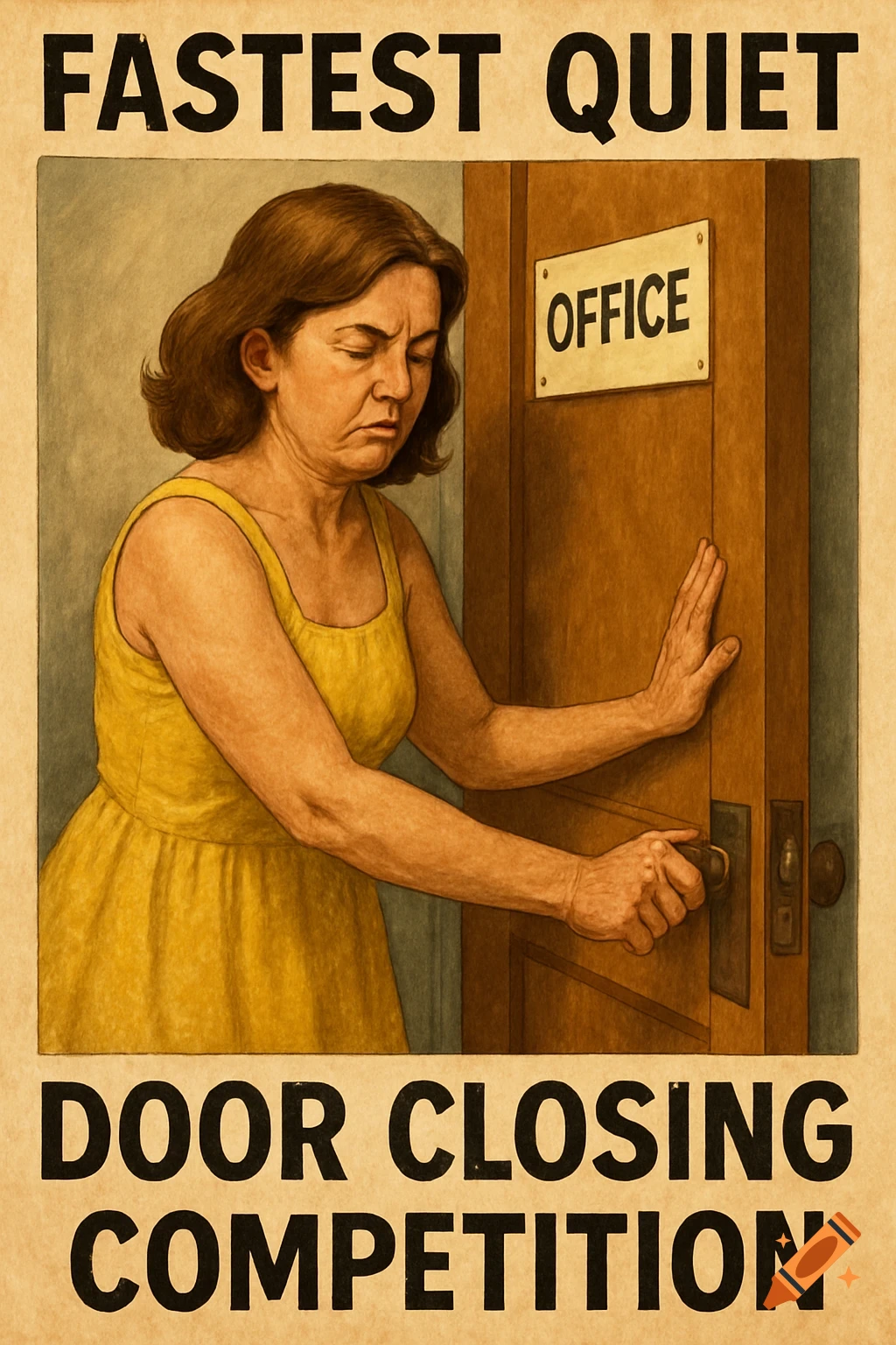 An illustrated poster of a woman in a yellow dress intently closing an office door, with the text 'FASTEST QUIET DOOR CLOSING COMPETITION'.