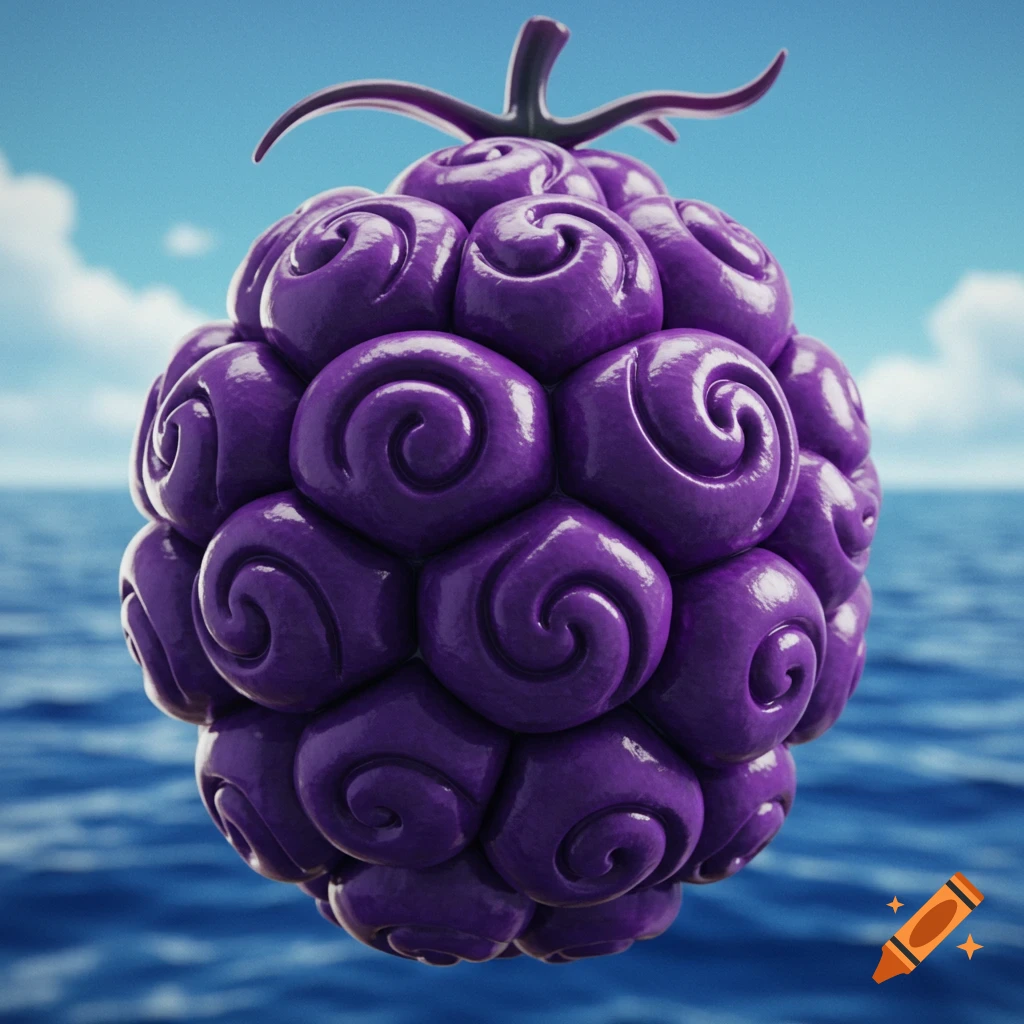 A vibrant purple Devil Fruit with swirling patterns floats on blue water under a clear sky.
