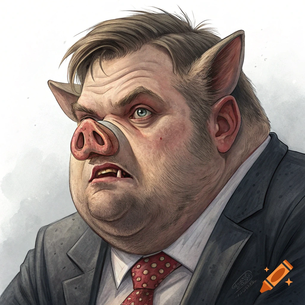 A detailed illustration of a man with pig ears and a pig snout, wearing a suit and red polka dot tie, looking stern.