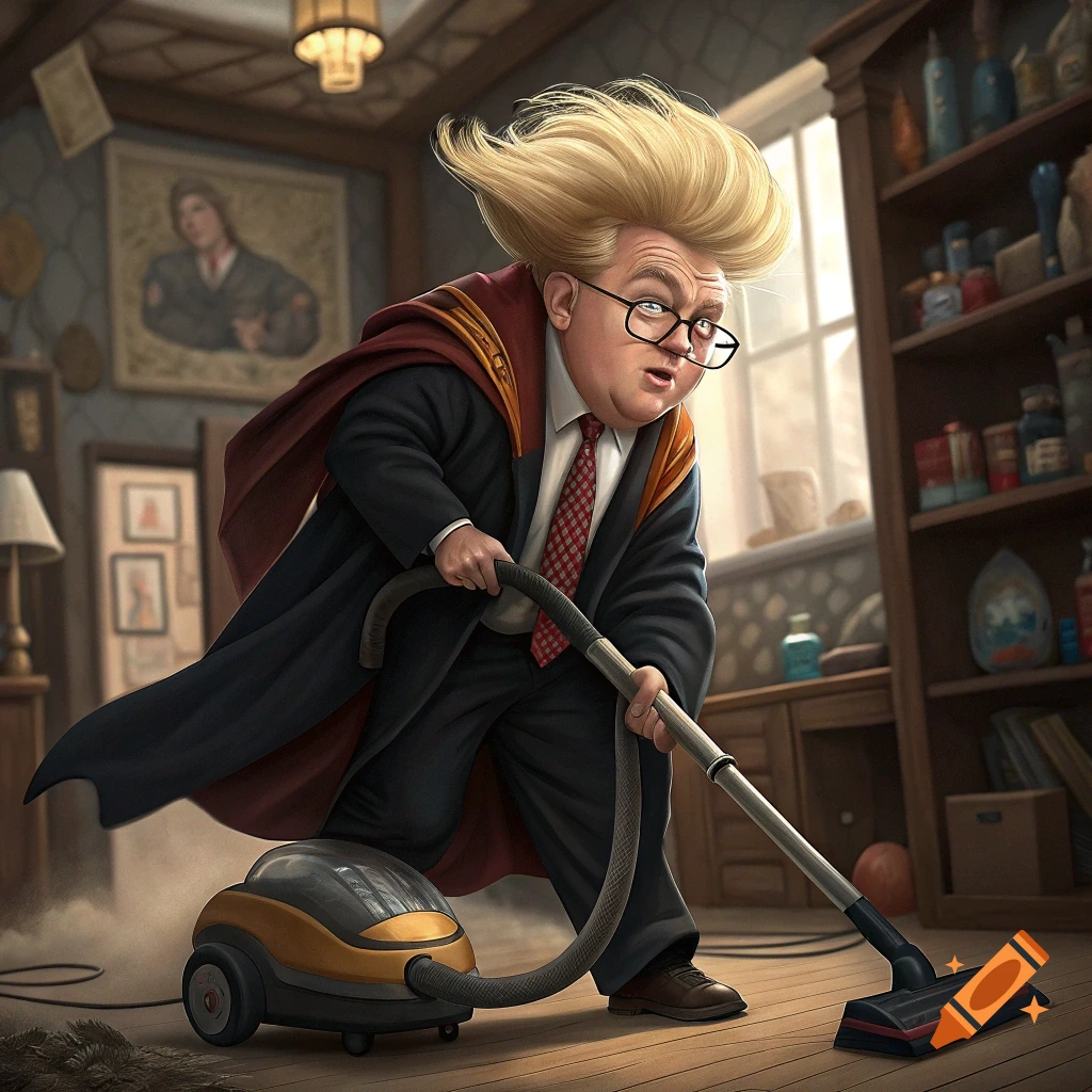Cartoon caricature of Donald Trump with blonde hair, wearing Hogwarts robes and glasses, vacuuming a room.