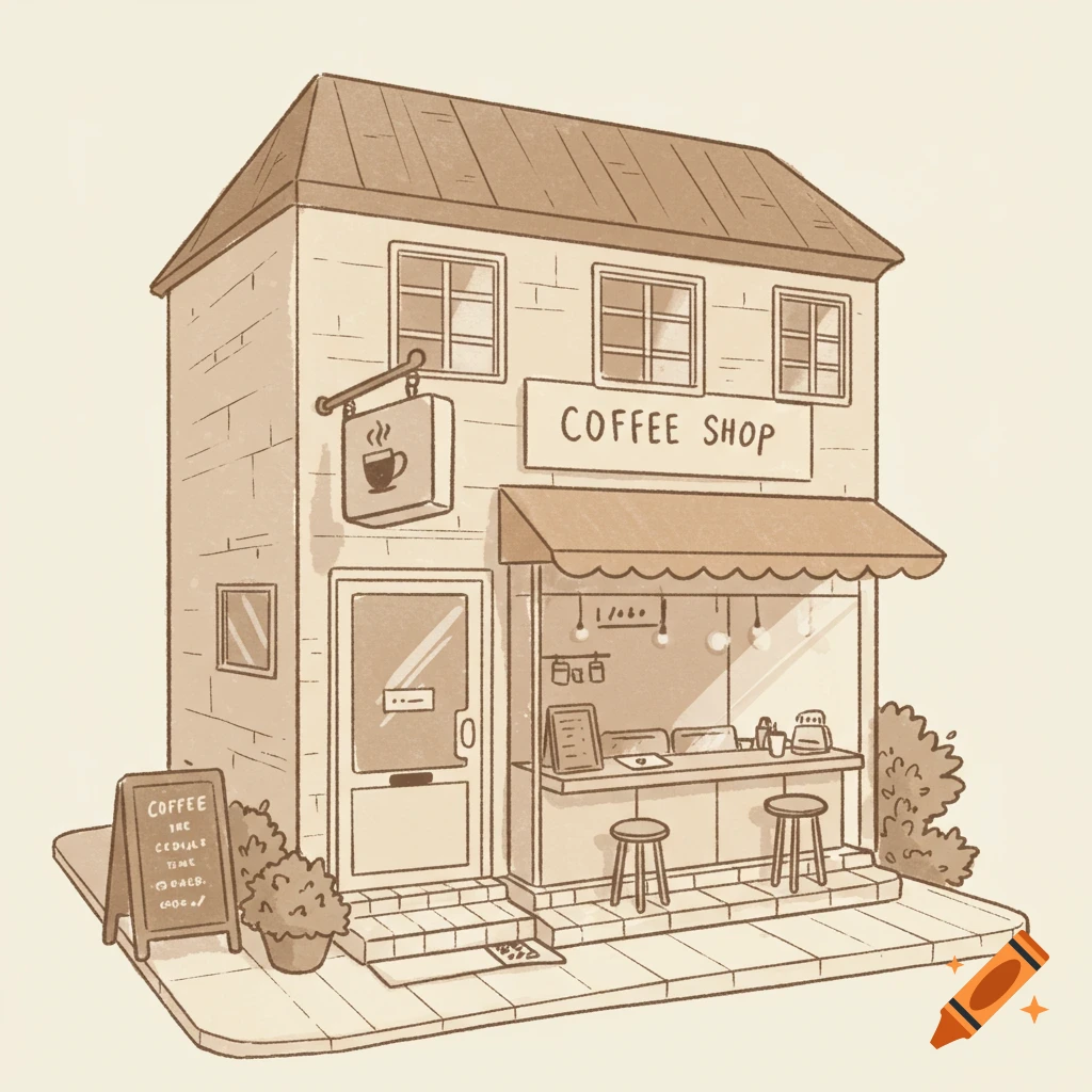 A hand-drawn illustration of a two-story coffee shop with a brown awning, a coffee cup sign, and an A-frame sign.