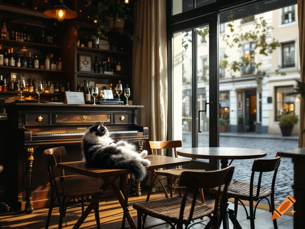 A black and white cat lounges on a wooden table in a dimly lit cafe with a bar, piano, and large windows looking out onto a cobblestone street.