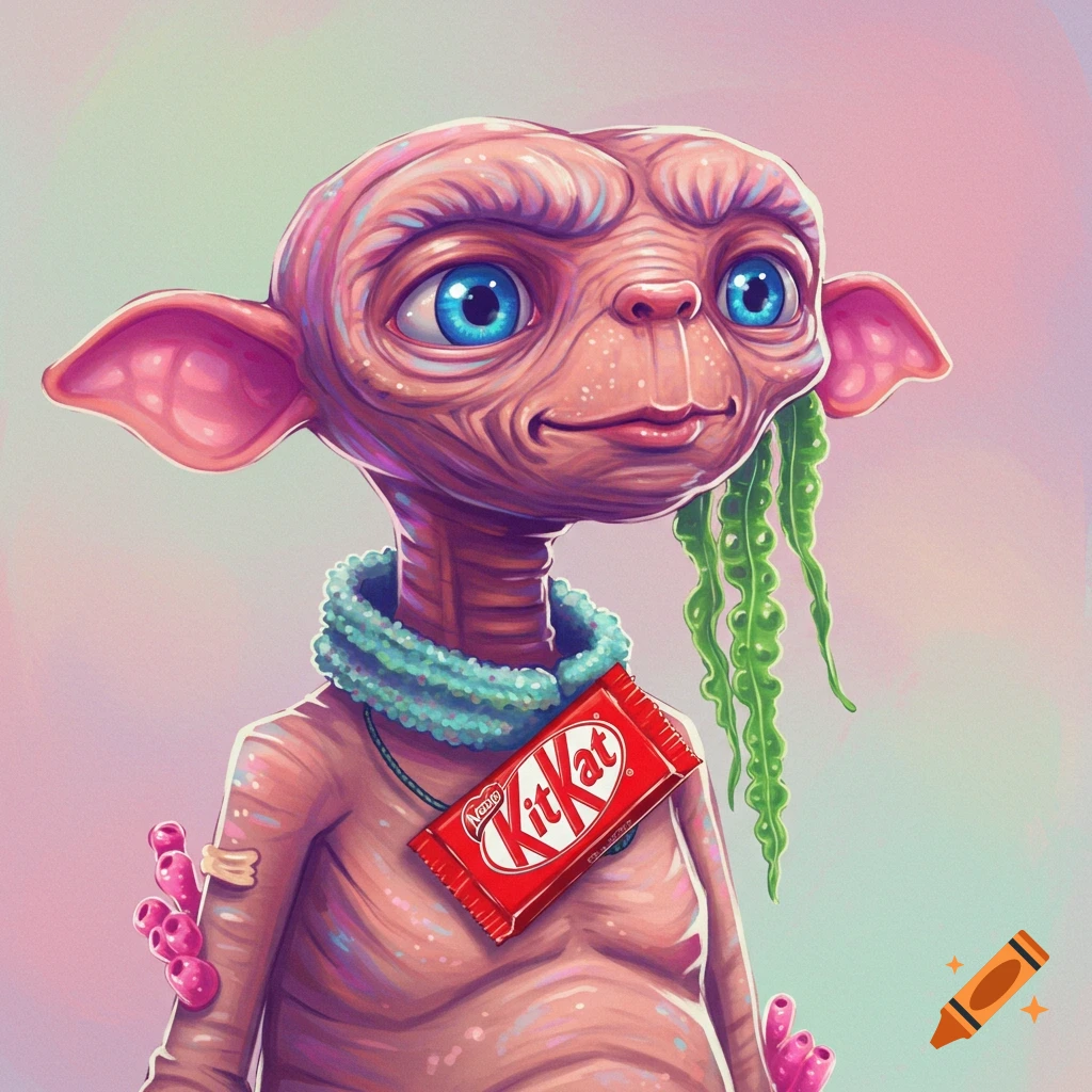 A stylized illustration of E.T. wearing a blue scarf and a Kit Kat bar necklace, with green seaweed on his head.