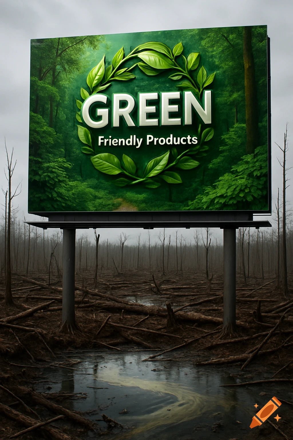 A billboard advertising 'GREEN Friendly Products' with a lush forest scene contrasts with a barren, deforested landscape of dead trees and polluted water below.