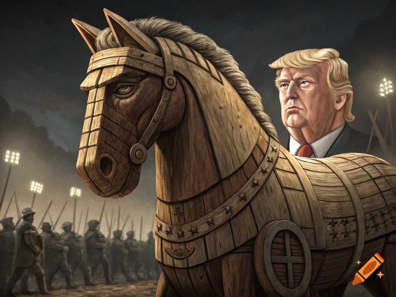 A satirical image shows a wooden Trojan horse with Donald Trump's face as its rider, overlooking a crowd of soldiers in the distance under a dark sky.