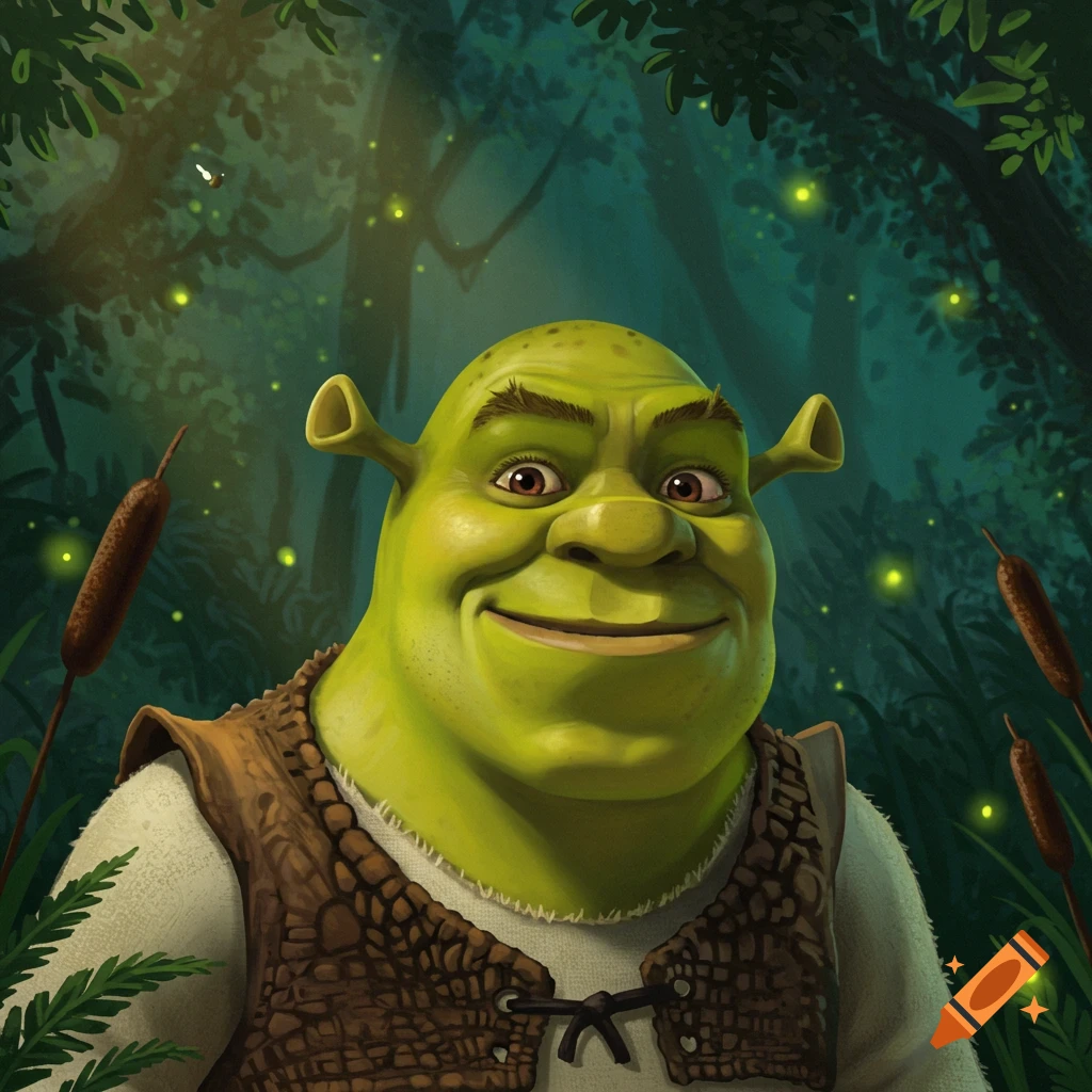 A smiling Shrek, the green ogre, in a dark, firefly-lit swamp with cattails.