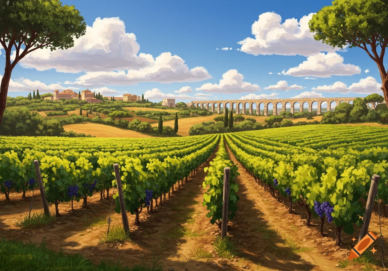A vibrant, painterly landscape of a vineyard with rows of grapevines, an ancient aqueduct, and distant buildings under a blue sky.