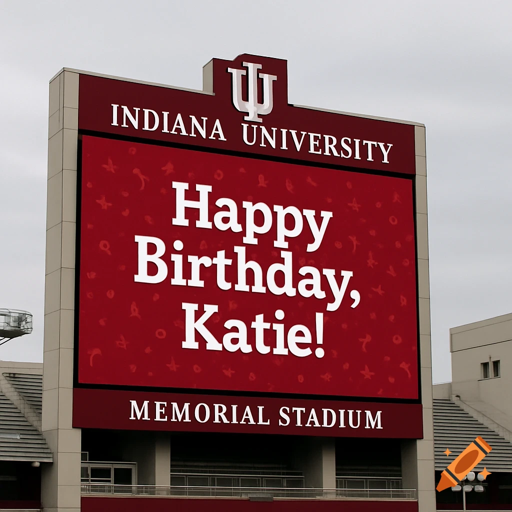 A large red videoboard at Indiana University Memorial Stadium displays 'Happy Birthday, Katie!'