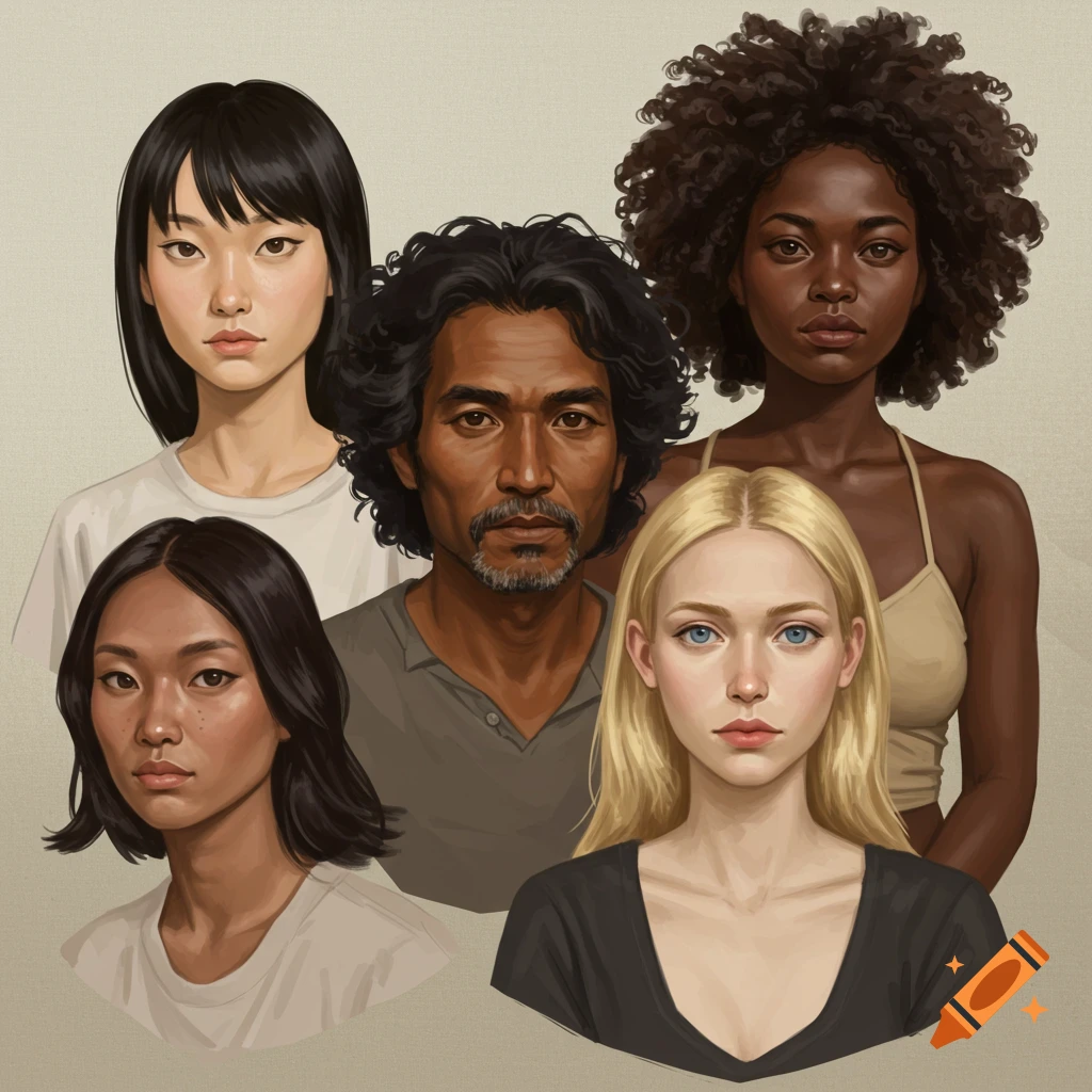Illustrated portraits of five diverse people with varying ethnicities and hairstyles.