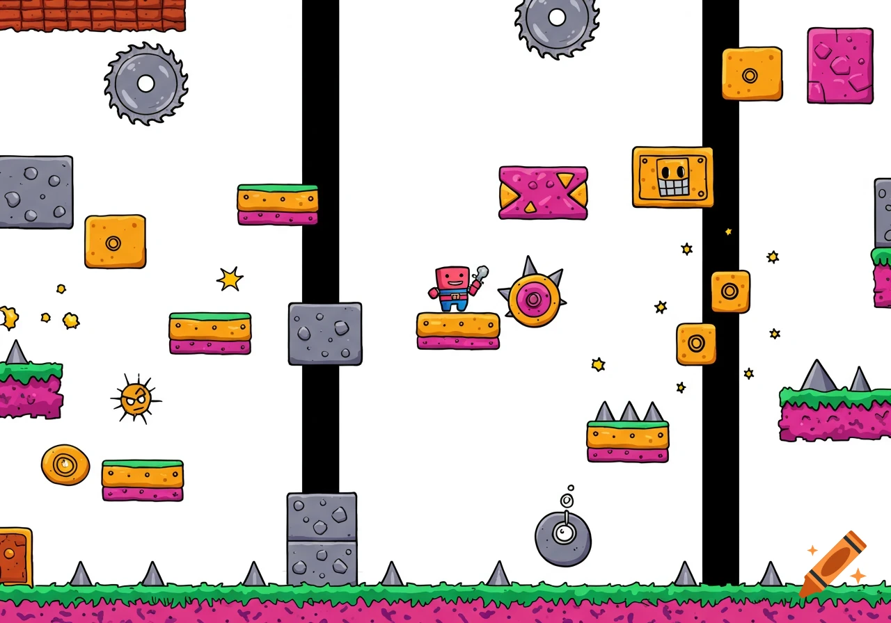 A vibrant, cartoonish 2D platformer video game level with a small red character navigating obstacles like spikes, saws, and various platforms.