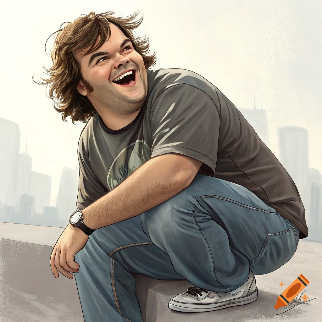 Illustration of Jack Black laughing, squatting on a ledge with a city skyline behind him.