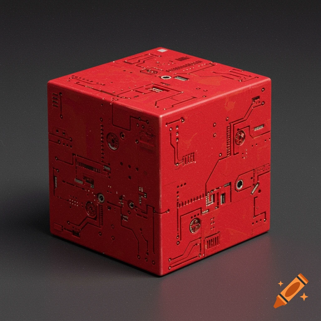 A red cube with intricate circuit board patterns on its surfaces, set against a dark background. Photorealistic style.