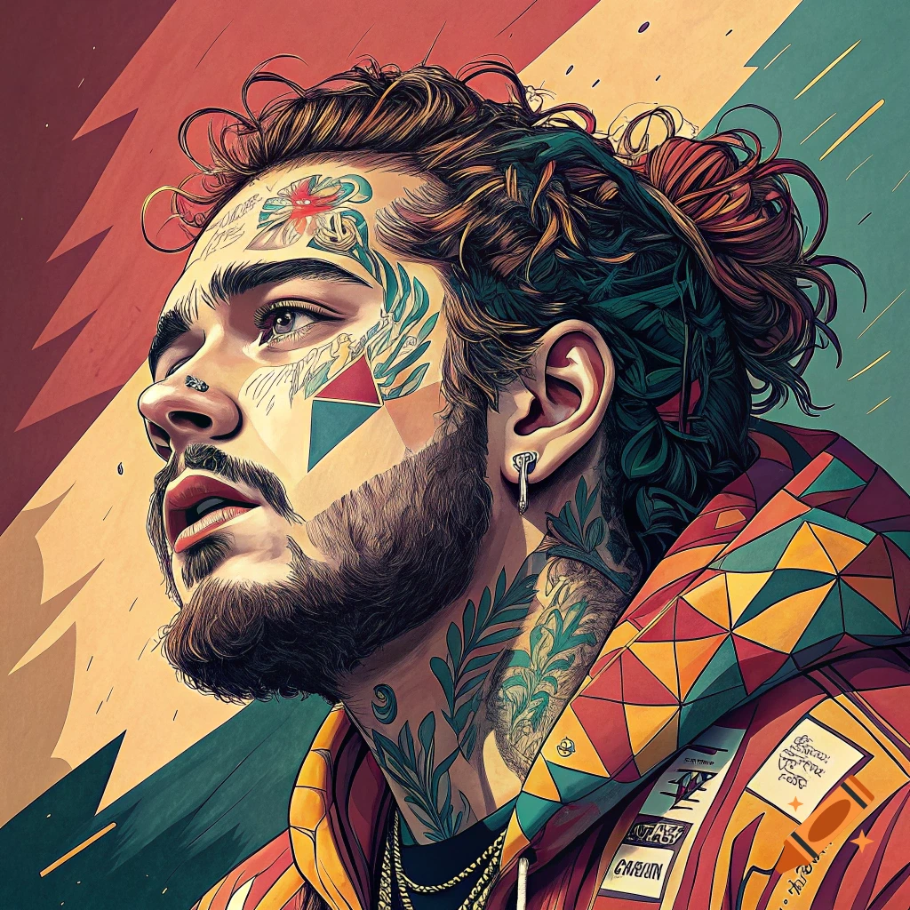 Cubism pop art portrait of a man resembling Post Malone, with beard and face tattoos, wearing a colorful patterned hoodie.