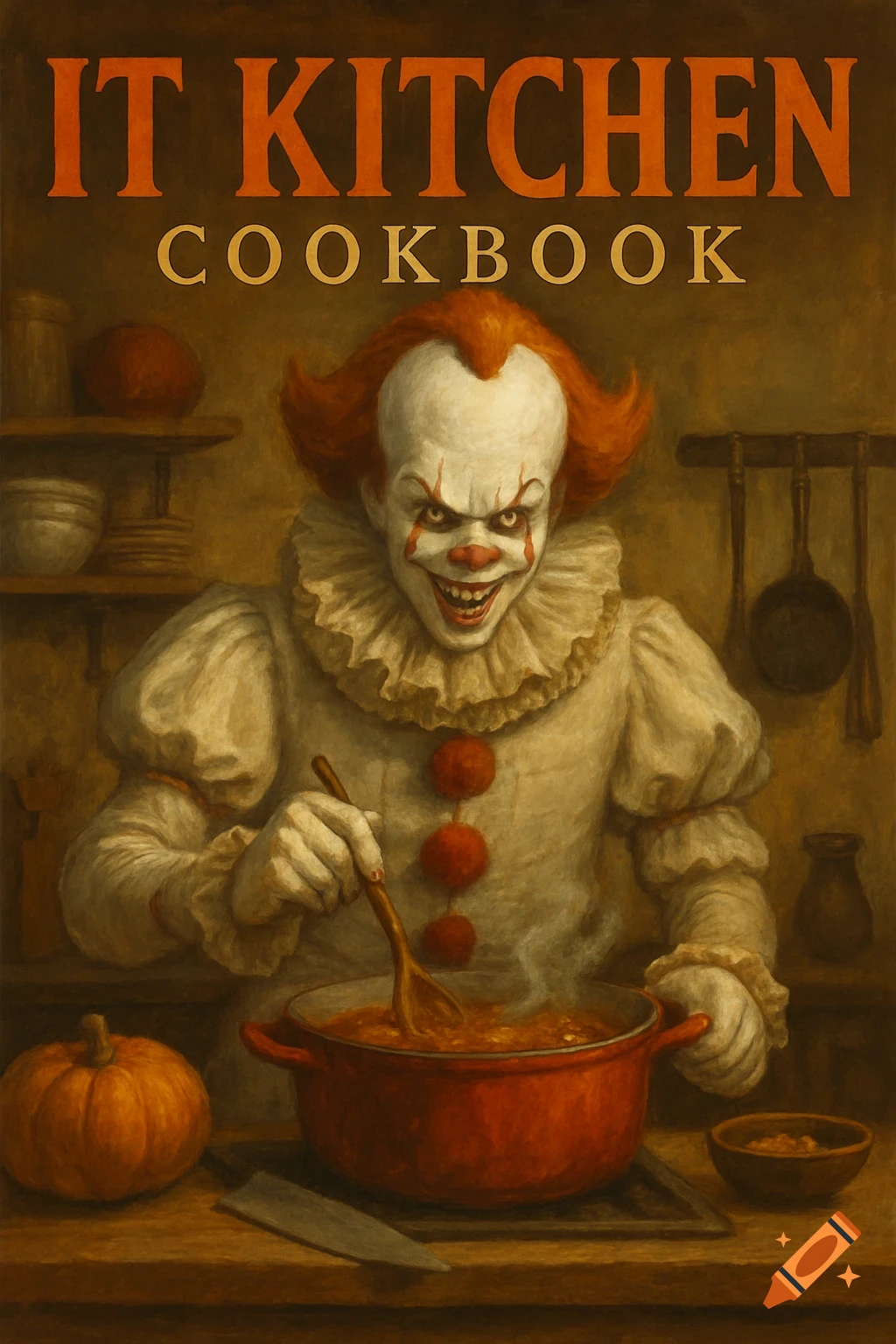 A painterly illustration of Pennywise the clown in a kitchen, stirring a red pot on a stove. The image has text that reads "IT KITCHEN COOKBOOK".