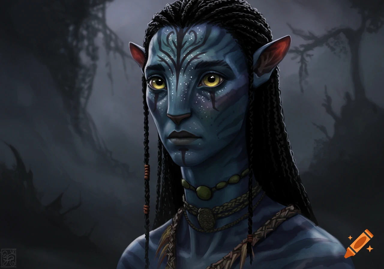 Portrait of a blue-skinned Na'vi woman with braided hair and golden eyes, wearing necklaces, against a dark, blurry forest background in a digital painting style.