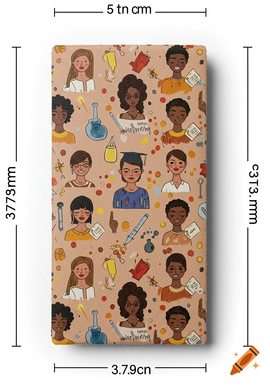 A doodle pattern featuring diverse women, some in graduation caps or glasses, interspersed with science-related items like beakers, flasks, and pens, on a light brown background.