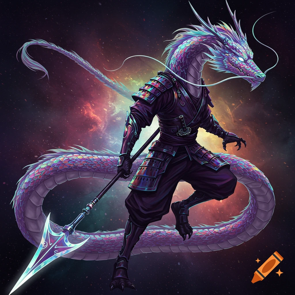 A colorful, iridescent dragon-like samurai warrior in purple armor holds a glowing spear against a cosmic background.