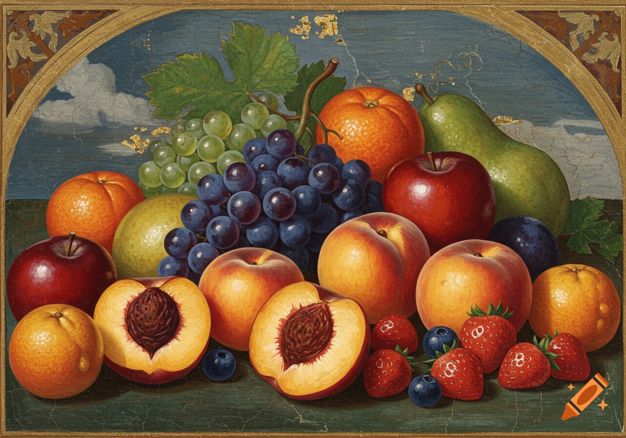 A still life painting of colorful fruits like peaches, grapes, apples, and berries, framed by a golden arch in a classical art style.