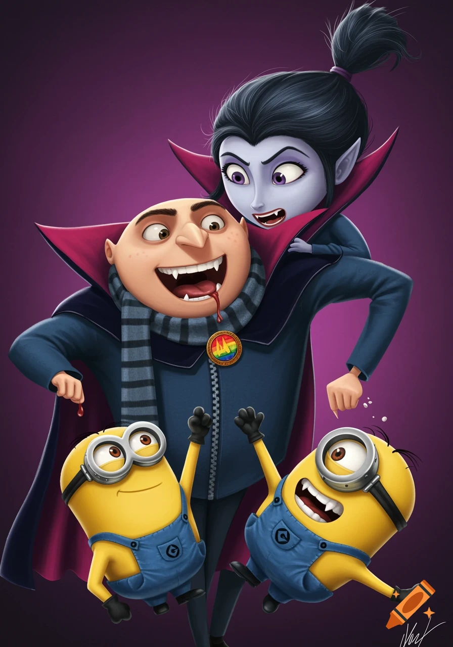 Cartoon Gru as a vampire with fake blood and fangs, with a vampire girl behind him and two Minions below.