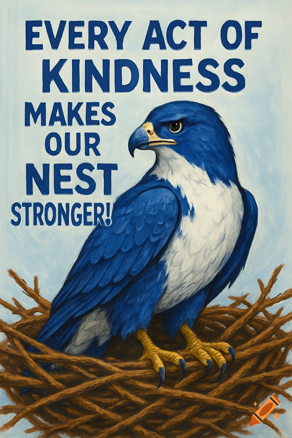 A blue and white hawk sits in a brown nest. Above it, the text reads "EVERY ACT OF KINDNESS MAKES OUR NEST STRONGER!" in a painterly style.