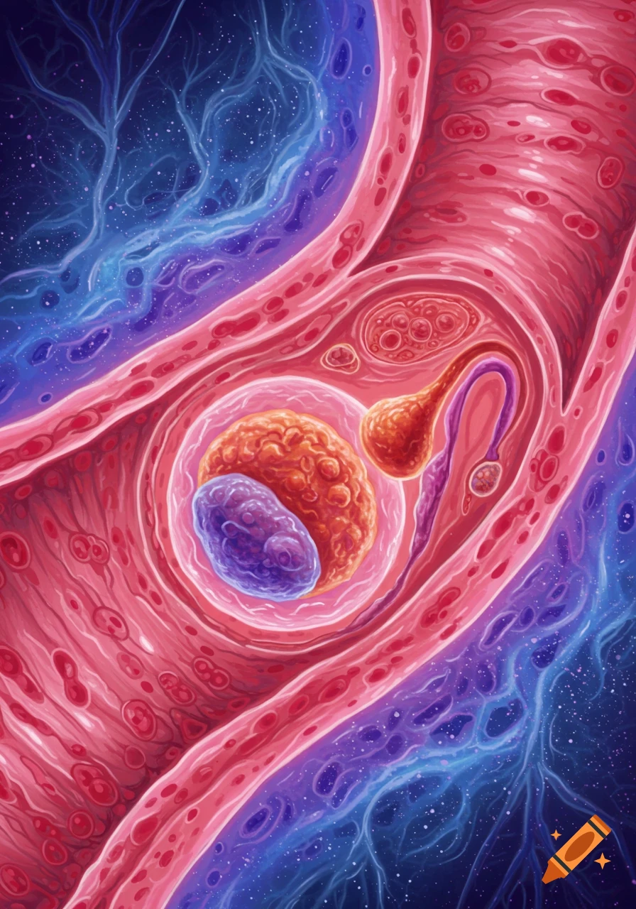 Detailed biological illustration of an egg cell within a fallopian tube, with surrounding cellular structures in vibrant red, blue, and purple.