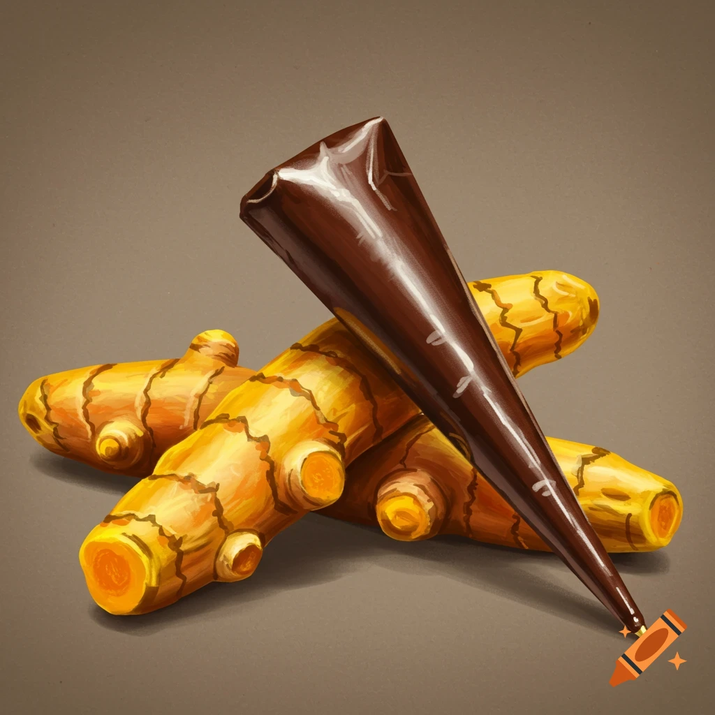 A brown mehndi cone rests on several golden turmeric roots against a muted background.