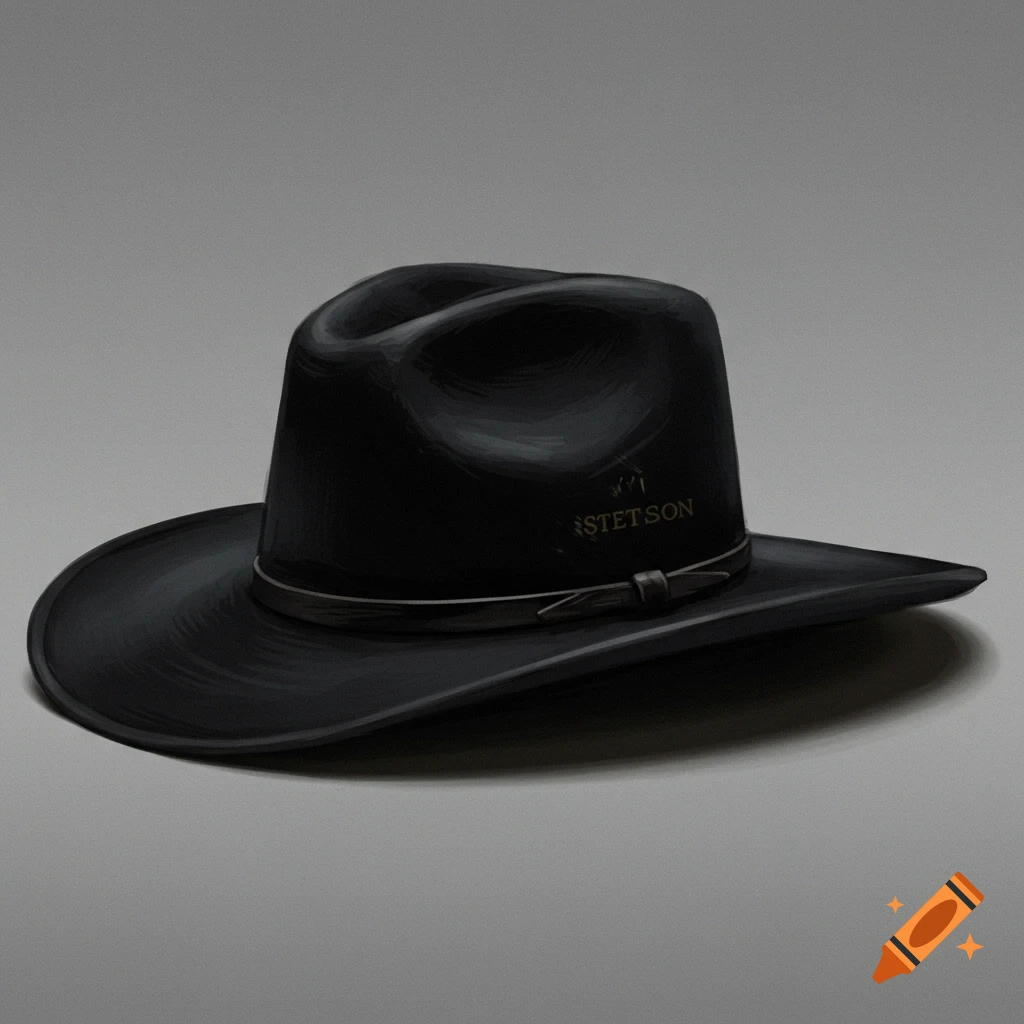 A black Stetson hat resting on a grey surface.