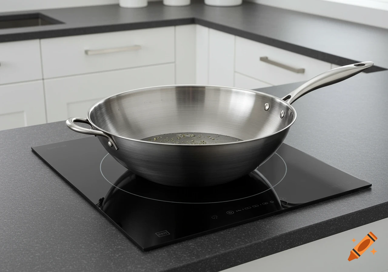 A stainless steel wok with oil inside, sitting on a black induction cooktop in a modern kitchen with white cabinets.