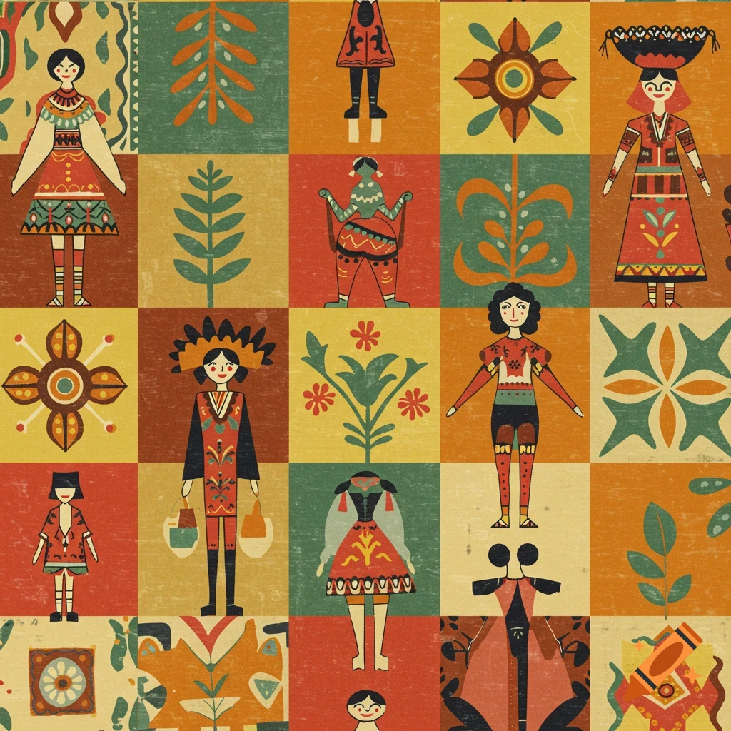 A colorful, seamless pattern featuring stylized Mexican folk art figures and plant motifs in a vintage, abstract style.