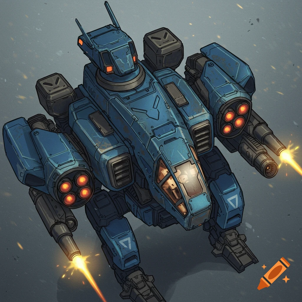A blue battle mech firing orange energy blasts from its arm cannons, viewed from a top-down perspective.