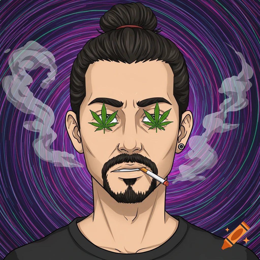 Anime-style illustration of a man with a bun, beard, and mustache, smoking a cigarette, with cannabis leaves over his eyes, against a swirling psychedelic background.