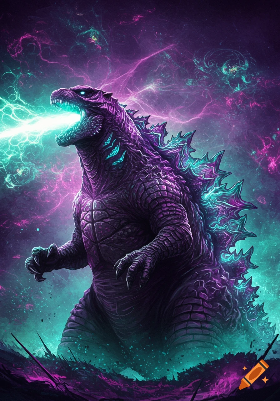 A vibrant, stylized Godzilla roars, emitting a neon green energy beam against a cosmic purple and teal fractal background.