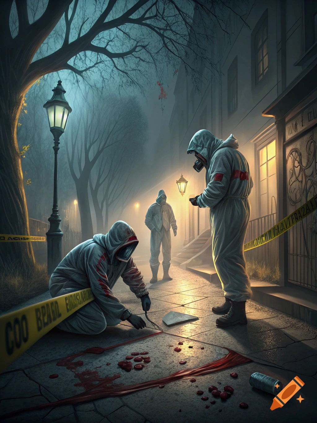 Three figures in hazmat suits investigate a foggy, blood-spattered crime scene at night, marked by yellow tape.