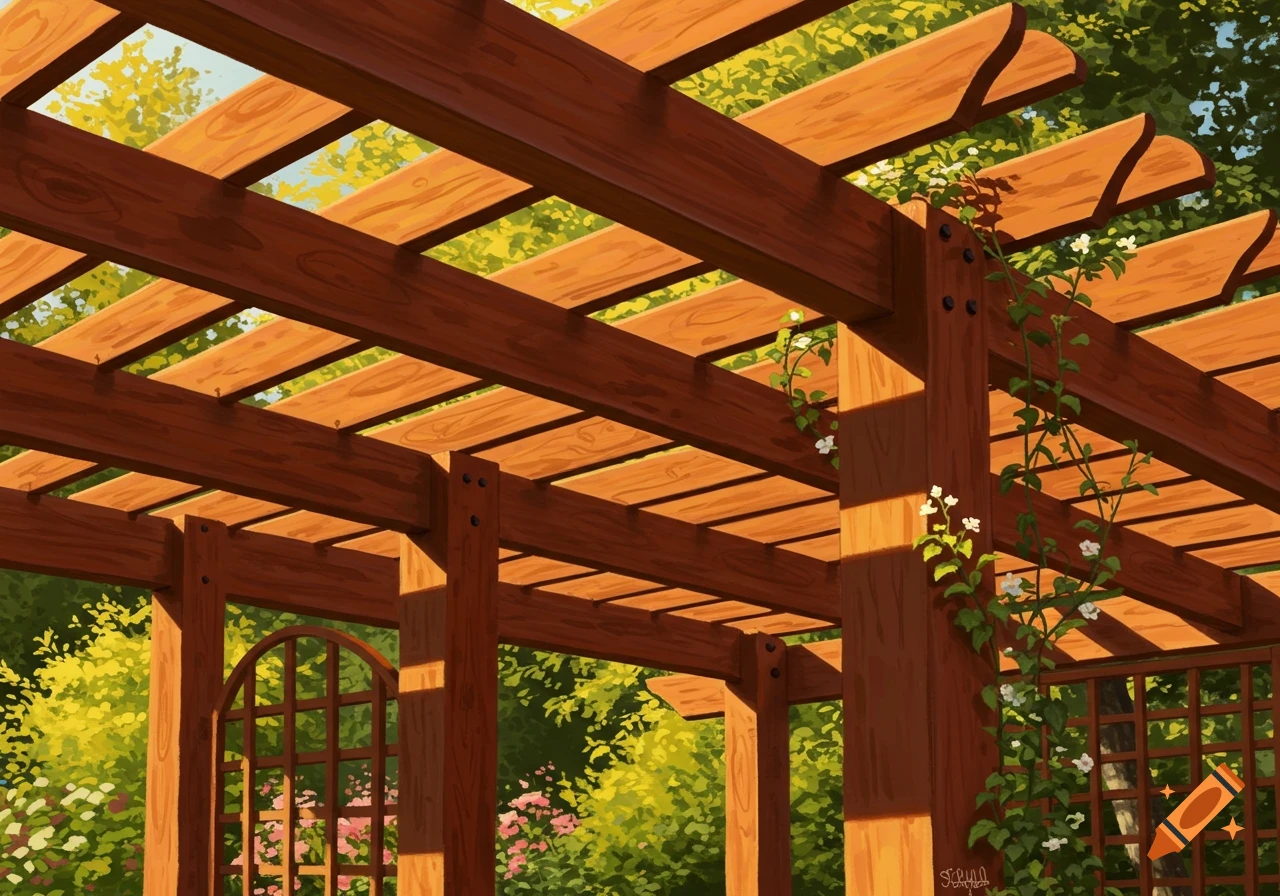A sunlit wooden pergola with climbing vines and white flowers, overlooking a lush green garden with an archway.