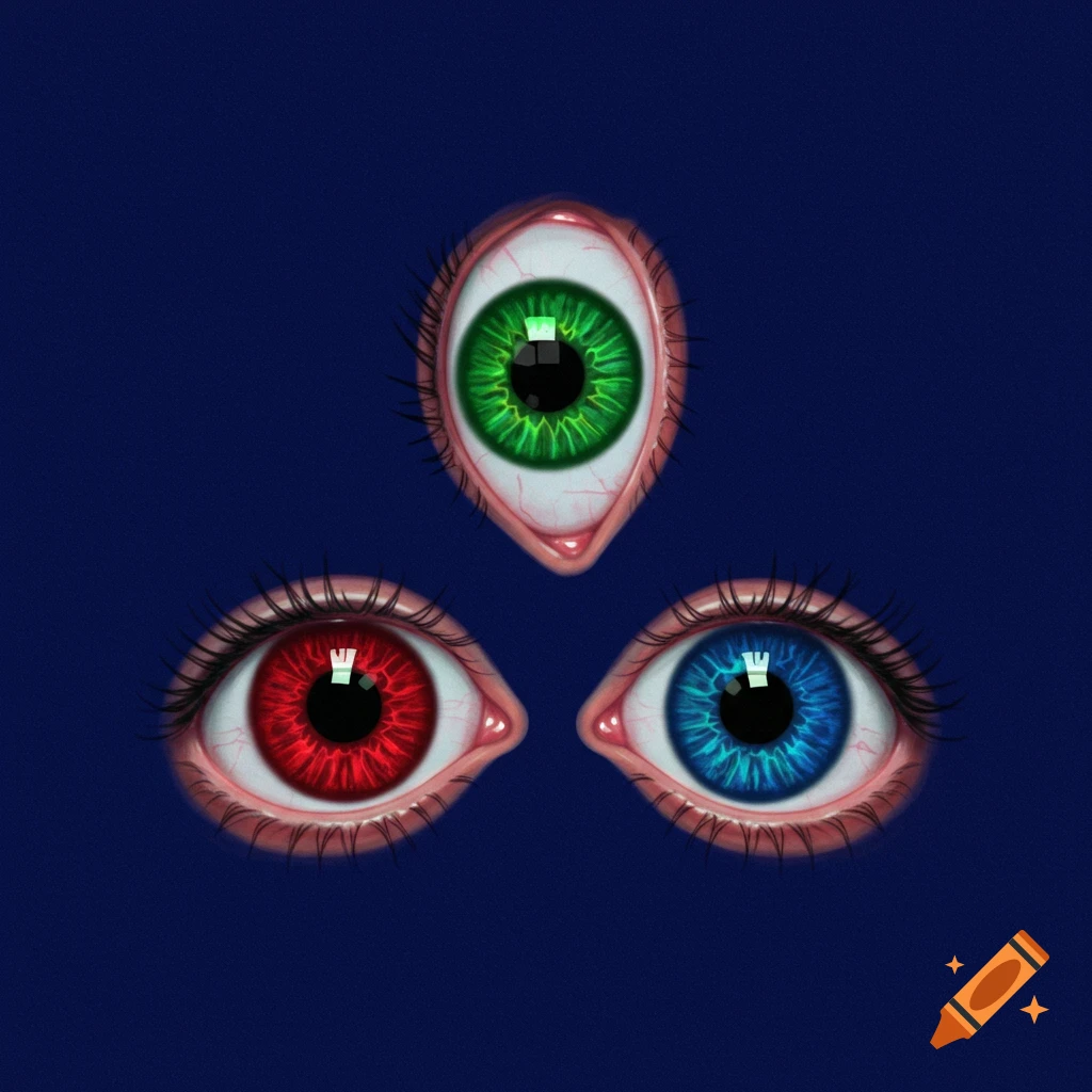 Three isolated human eyes, one green, one red, and one blue, arranged in a triangle on a navy blue background.