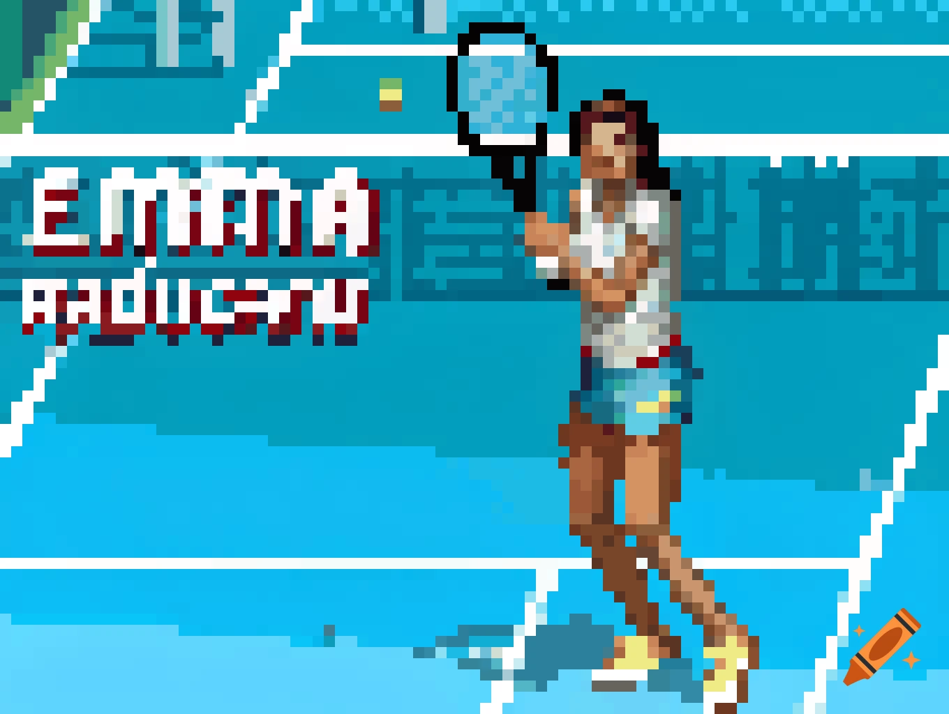 A pixel art image of a woman playing tennis on a blue court, with the name 'EMMA raducanu' written in pixelated font.