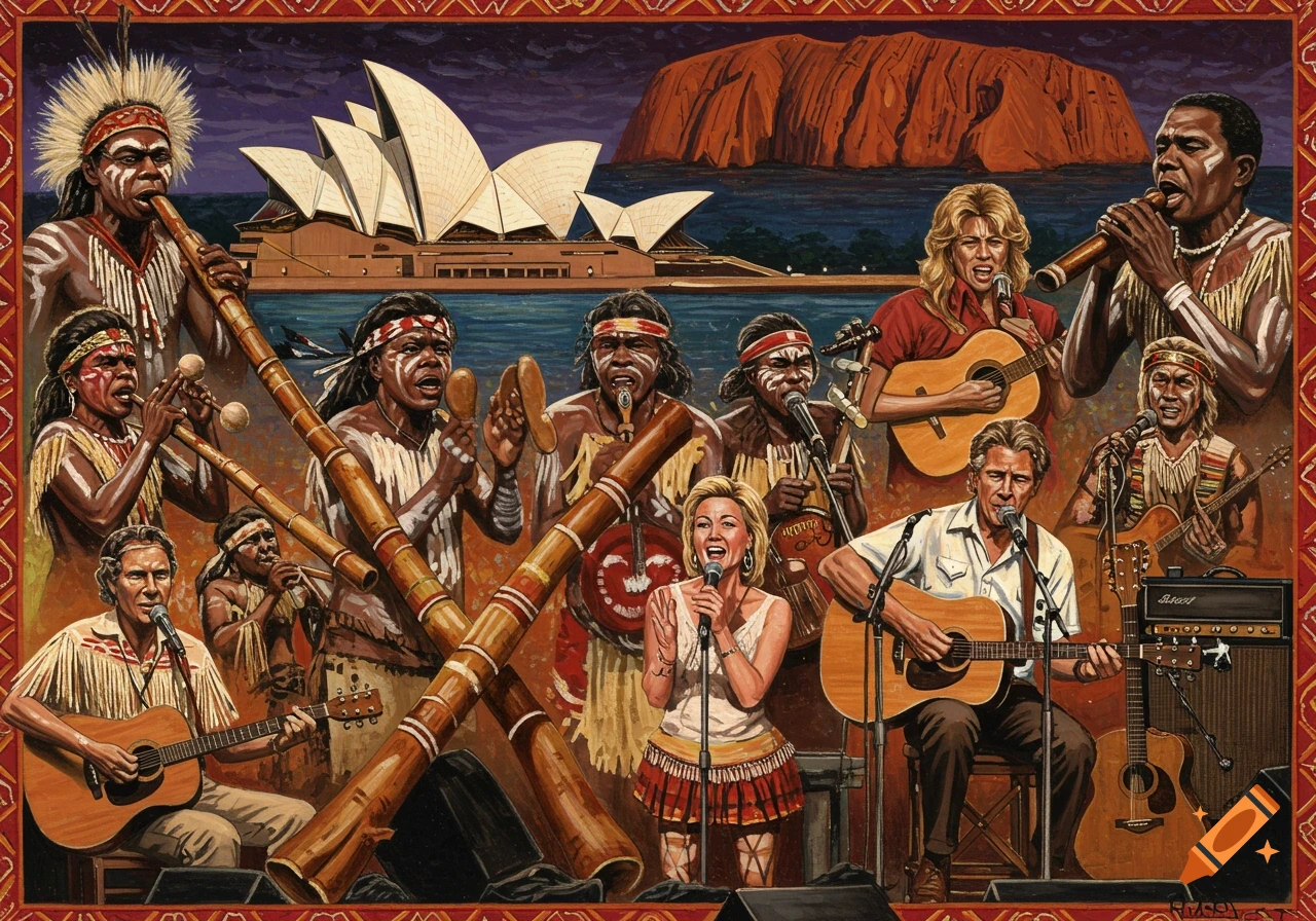 An oil painting of Australian musicians, including Indigenous and white performers playing instruments, with the Sydney Opera House and Uluru in the background.