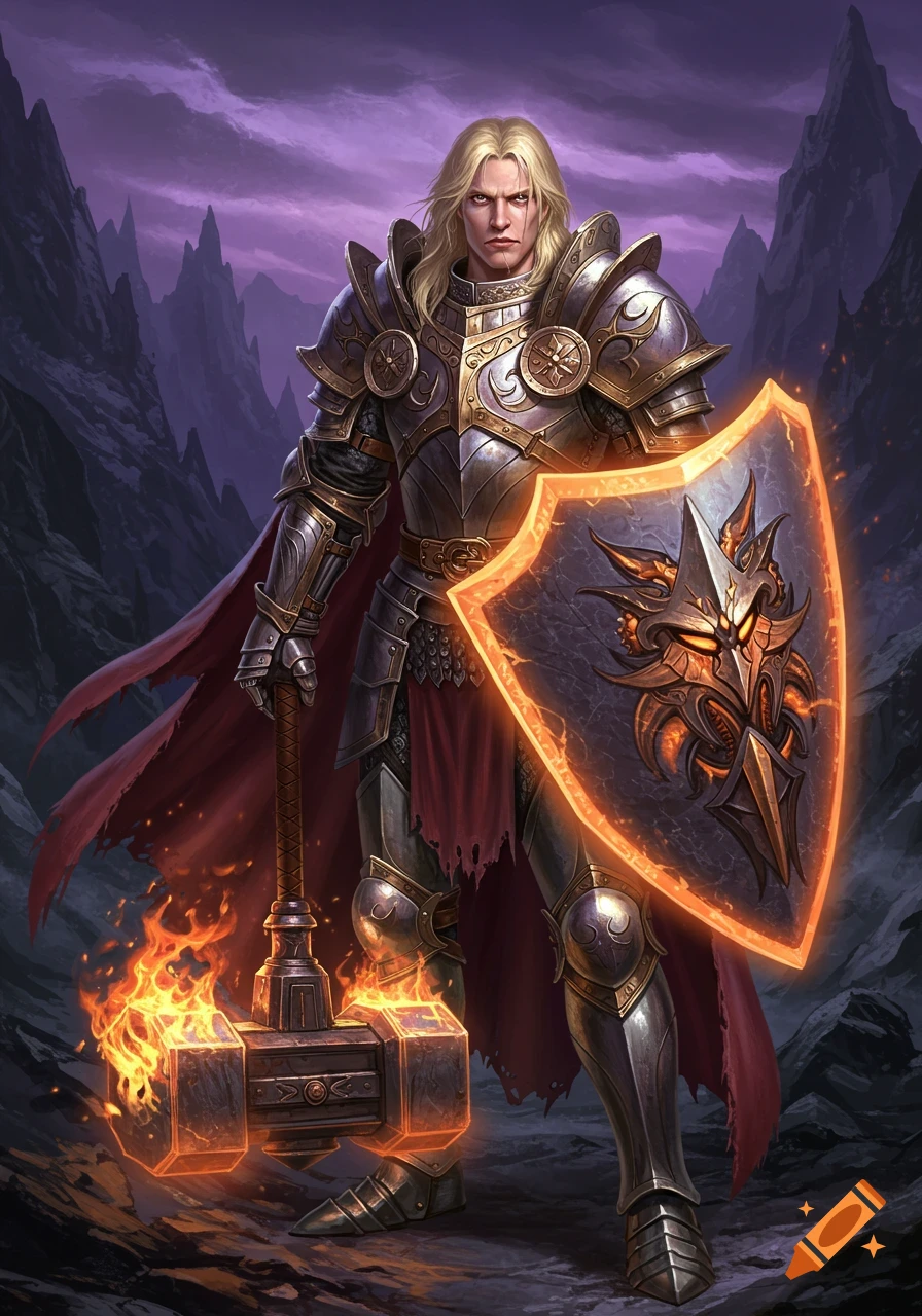 A blonde knight in ornate silver and gold armor stands with a glowing shield and a flaming giant hammer against a dark, mountainous landscape.