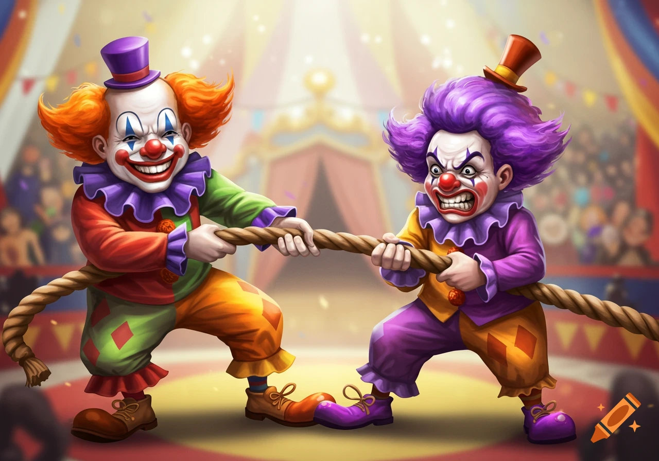Two colorful cartoon clowns engaged in a tug-of-war inside a circus tent.