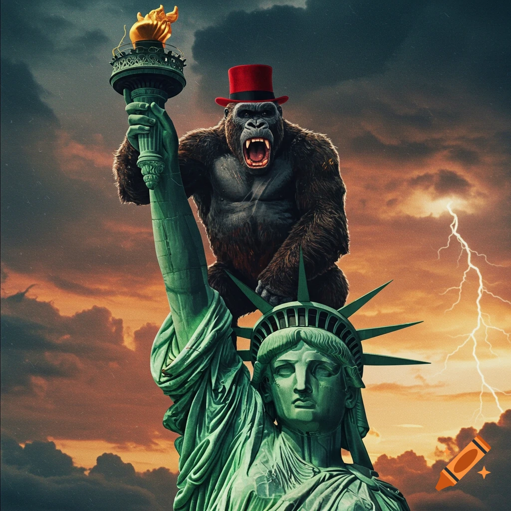 Photorealistic King Kong in a red hat roaring on the Statue of Liberty, with a stormy, lightning-filled sky.