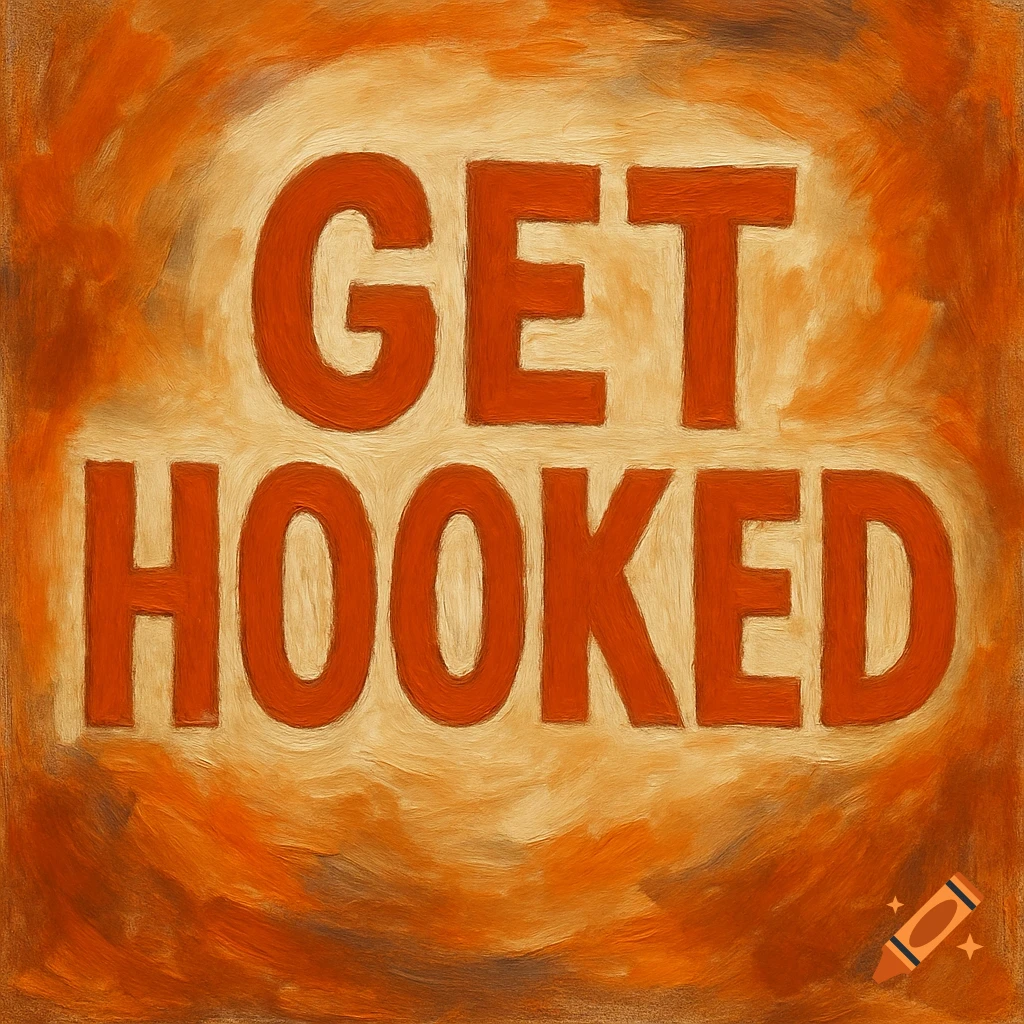 The words 'GET HOOKED' in burnt orange against a white and orange painterly background.