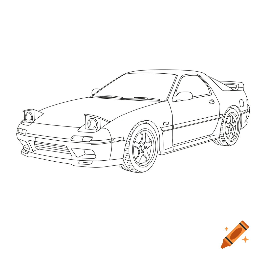 A black outline drawing of a Mazda RX-7 FD3S sports car with pop-up headlights, on a white background, in a style suitable for a coloring page.